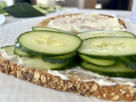Layer the cucumber onto the toast.