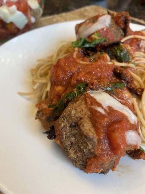 Vegan Meatballs served over spaghetti